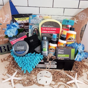 Men's Birthday Dad Boyfriend Dove Bath Body Spa Tool Box Car Wash Glass Cleaner Towels Air Freshener CK Socks Gift Basket For Him Hamper