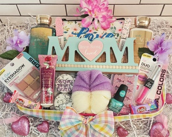 Muttertag Mama Frauen Geschenkkorb Bad & Body Works Duft "Am Strand" Spa Lidschatten Lippenstift Mani Kosmetiktasche Schokolade