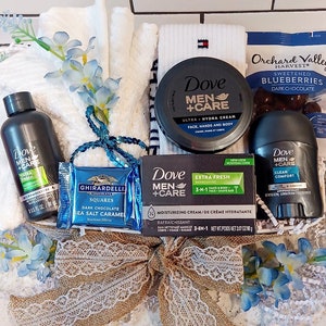 Men&#39;s Relaxing Gift Dove Bath Body Face Spa Tommy Hilfiger Socks Blueberries Ghirardelli Chocolate Gift Basket for Him Hamper Any Occasion