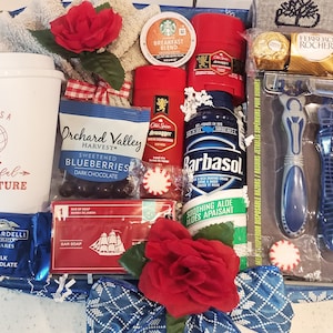 Men's Spa Gift Basket for Him Hamper Birthday Any Occasion Men Dove Bath Body Spa Starbucks Coffee Cup Blueberries Ghirardelli Chocolate