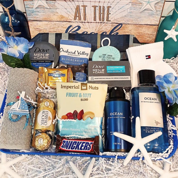 Hombre Papá Esposo Amigo Bath & Body Works Ocean Dove Face Body Wash Desodorante Spa Hilfiger Calcetines Nueces Ferrero Rocher Cesta de regalo de chocolate