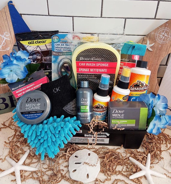 Men's Birthday Dad Boyfriend Dove Bath Body Spa Tool Box Car Wash Glass  Cleaner Towels Air Freshener CK Socks Gift Basket for Him Hamper 