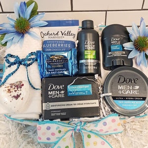 Gift Basket for Him Hamper Graduation Birthday Father&#39;s Day Any Occasion Men&#39;s Dove Bath Body Face Spa Blueberries Ghirardelli Chocolate