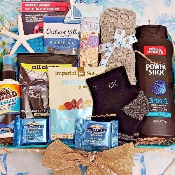 Any Occasion Valentine's Day Birthday Gift Basket for Him Hamper Men's Bath Body Wash Spa Car Wash Blueberries Ghirardelli Chocolate