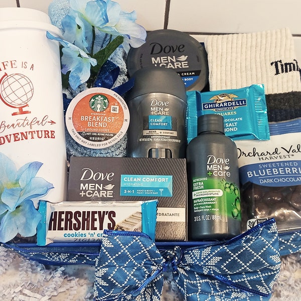 Gift Basket for Him Hamper Birthday Any Occasion Men's Dove Bath Body Face Spa Starbucks Coffee Pod Cup Blueberries Ghirardelli Chocolate