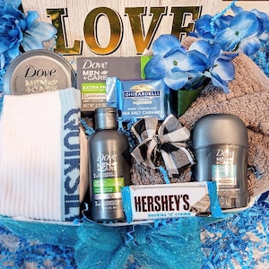 Men&#39;s Boyfriend Birthday Husband Dove Bath Body Face Spa Quiksilver Socks Hershey&#39;s Ghirardelli Chocolate Gift Basket for Him Any Occasion