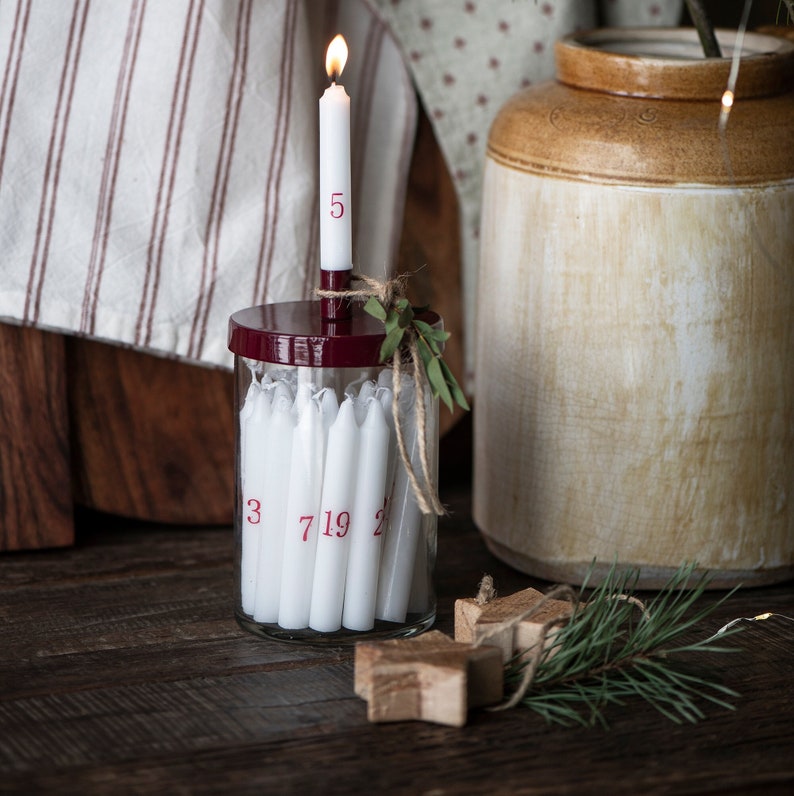 Taper candle jar with Merlot red metal lid suitable for Etsy