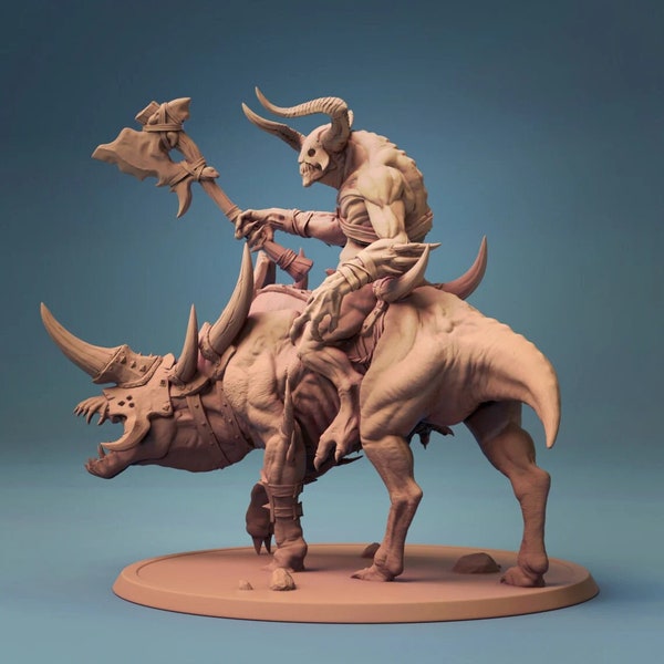 Mounted Axe Horned Demon | Outstanding 3D Printed Fantasy Tabletop Miniatures 28mm 32mm up to 100mm | Dungeons and Dragons DnD D&D