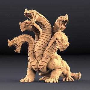May include: A detailed, beige-coloured, 3D printed miniature of a four-headed hydra, a mythical creature with a serpentine body and multiple heads. The hydra is posed in a standing position with its heads raised and open mouths.