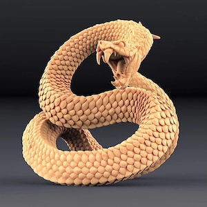 May include: A detailed, beige, 3D printed sculpture of a snake coiled in a defensive position with its mouth open and fangs visible.