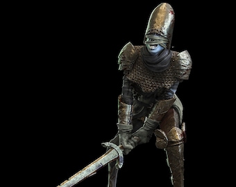 May include: A skeletal figure in a tattered, gold-plated armor, wielding a sword. The figure has a bandage over its eyes and a menacing grin.