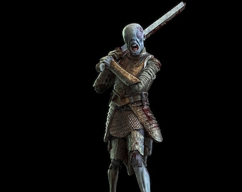 May include: A skeletal figure in armor, with a pale blue complexion, holds a sword aloft. The figure is covered in blood and appears to be in a state of rage.