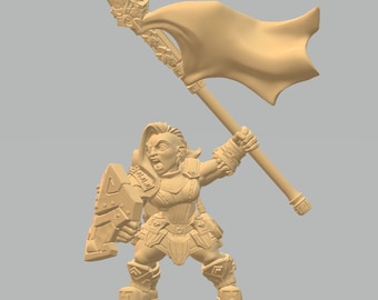 May include: A miniature figurine of a female warrior, holding a spear with a flag attached. She is wearing armor and holding a shield. The figurine is made of a light brown plastic.