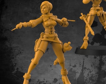 May include: A 3D printed miniature of a female adventurer holding two daggers. The miniature is painted in a light brown color and is standing on a black base. The miniature is part of a set of miniatures for tabletop role-playing games.