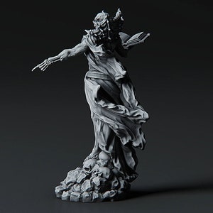 May include: A detailed, white, skeletal figure sculpture with a flowing robe and a book in its hand. The figure stands on a base of skulls.