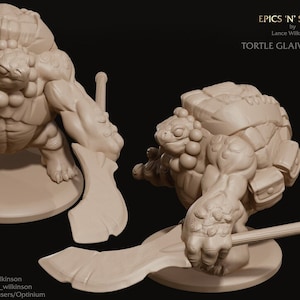 May include: A 3D printed miniature of a turtle warrior holding a glaive. The miniature is painted in a light brown colour and has a detailed sculpt. The miniature is titled "Tortle Glaive Master" and is part of the "Epics 'N' Stuffs" collection by Lance Wilkinson.