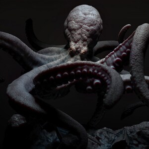 May include: A close-up of a large, dark gray octopus with eight tentacles. The octopus has large, dark eyes and a textured, wrinkled skin. The tentacles are curled and twisted, creating a sense of movement and danger.