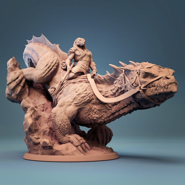 Mounted Reptilian on Giant Lizard | Outstanding 3D Printed Fantasy Tabletop Miniatures 28mm 32mm up to 100mm | Dungeons and Dragons DnD D&D