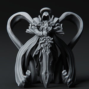 May include: A detailed, grey, 3D printed miniature of an angel warrior with a halo, wings, and a sword. The angel is wearing a flowing robe and armour.