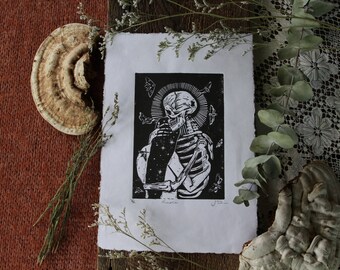 Lovers. Dead Art. Original Linocut Print. Skeleton Print.