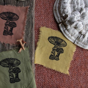 Handprinted linen patches.