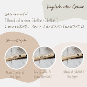 May include: Image of engraved pens with text options. The text on the pens includes the words "Michelle", "Beste Hebamme", and "Hebamme mit". The image also shows examples of font styles and heart symbols.