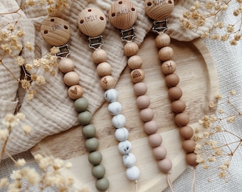 Pacifier chain -JOLEY- with name made of silicone and wooden beads || Personalization with rainbow, heart, or zodiac sign || Baby gift idea || BOHO