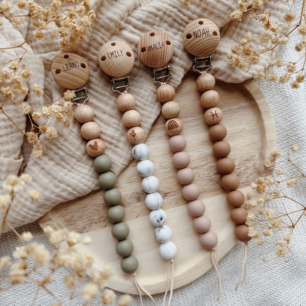 Schnullerkette -JOLEY- mit Namen aus Silikon- und Holzperlen || Personalisierung Regenbogen, Herz, Sternzeichen || Geschenkidee Baby || BOHO