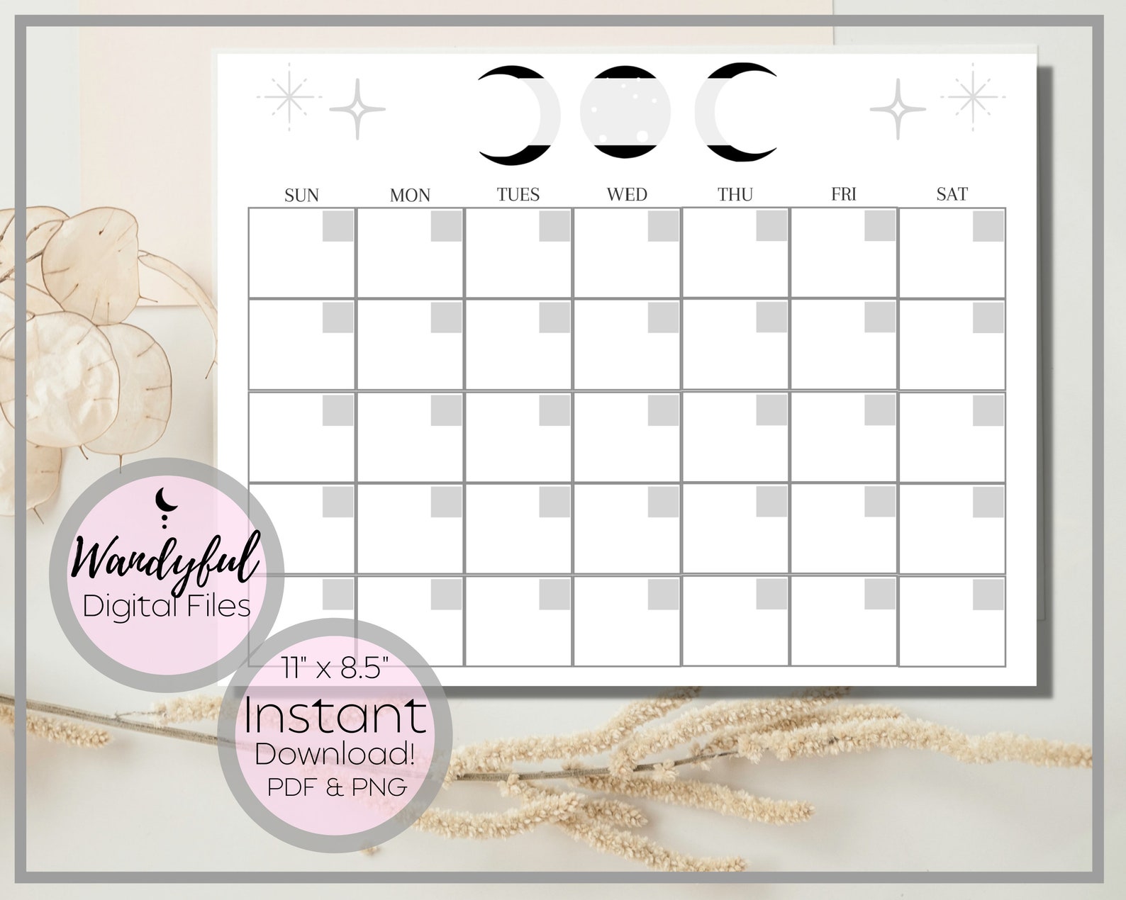 printable majestic calendar blank monthly calendar moon etsy