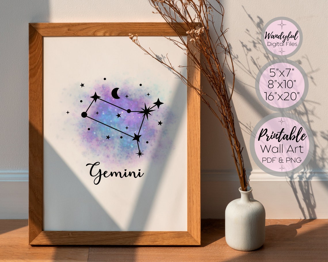 Gemini Constellation Art Printable Gemini Star Sign Horoscope Wall Art