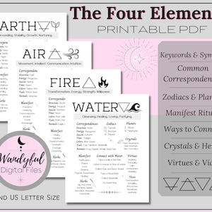 The Four Elements Printable Pages | Grimoire Pages | Earth, Air, Fire, Water | Book of Shadows Pages | The Four Elements Correspondences PDF