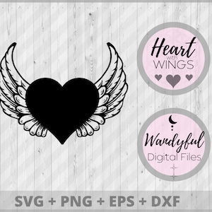 May include: Black and white digital design of a heart with wings. The design includes the text "Heart with Wings" and "Wandyful Digital Files".
