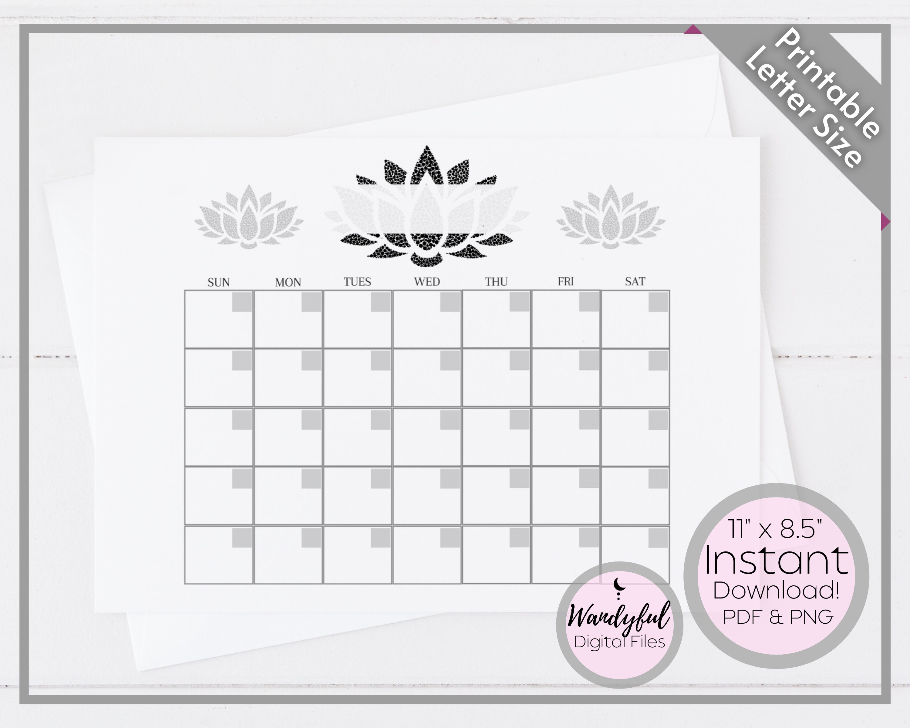 Blank Calendar Calendar Printable Lotus Flower Calendar Etsy