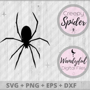 May include: Black silhouette of a spider on a white woodgrain background. The text "Creepy Spider" and "Wandyful Digital Files" are in pink circles.