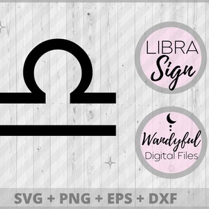May include: Black and white Libra zodiac sign graphic with the text "LIBRA Sign" and "Wandyful Digital Files" in pink circles on a white woodgrain background.