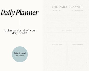 May include: A printable daily planner with sections for to-do lists, goals, priorities, and reminders. The planner has a light blue background with the text "The Daily Planner" at the top.