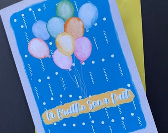 Lá Breithe Sona Duit || Irish Language Birthday Card with pastel coloured balloons