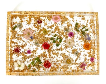 Floral Tray/ Gold Leaf Tray/ Decorative Resin Tray/ Jewelry Tray/ Perfume Tray/ Sparkly Tray
