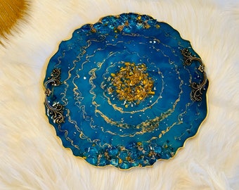 Blue, Turquoise Green and Gold Resin Tray, Serving Tray, Vanity Tray, Fancy Geode Tray