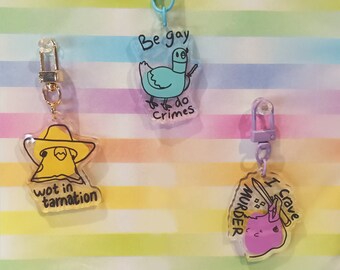 BIRD MEME KEYCHAIN // Be Gay Do Crimes, Murder Crow, Cowboy Cockatiel, Wot in Tarnation, Cartoon Art Double-Sided Acrylic Charm, Bird Gift