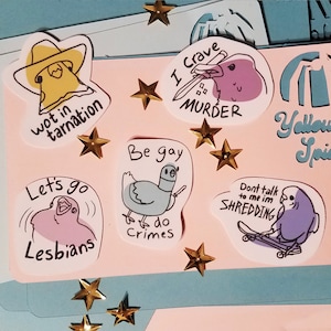 Bird Meme Stickers // Be Gay Do Crimes, Lets go Lesbians, Murder Crow sticker, Cowboy Cockatiel, Parakeet on a skateboard, Funny Bird Gift