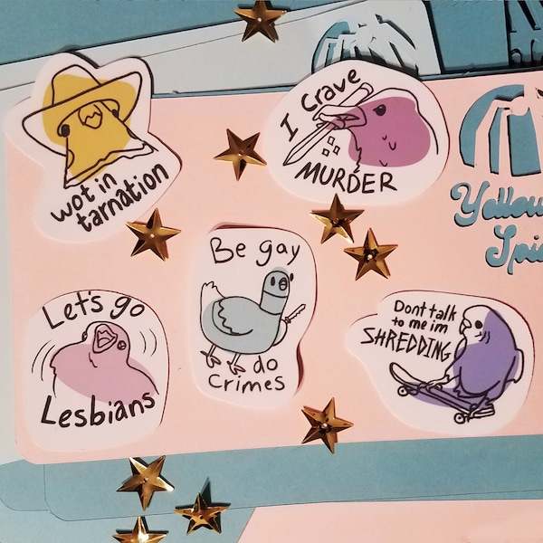 Bird Meme Stickers // Be Gay Do Crimes, Lets go Lesbians, Murder Crow sticker, Cowboy Cockatiel, Parakeet on a skateboard, Funny Bird Gift