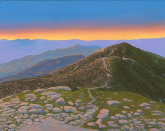 May include: An oil painting of a mountain range at sunset. The sky transitions from blue to orange, with the mountains in shades of green and brown. A hiking trail winds along the ridge of the closest mountain.