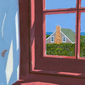 May include: A painting of a window with a view of a house with a red brick chimney and a green roof. The house is surrounded by green bushes and the sky is blue. The window is painted in a red frame.