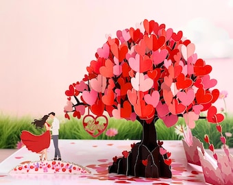 Pop Up Valentine Cards, 3D Love Tree Hearts Couple for Her, Him, Couple, Pop Up Anniversary Cards for Wife, 6"x 8" Romantic Birthday Card