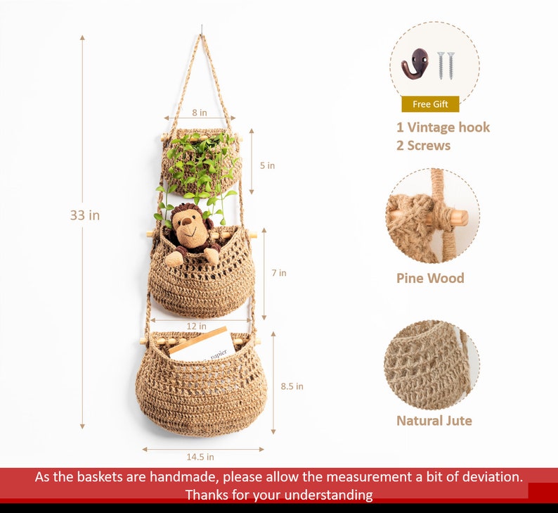 Hanging Fruit Basket, 3 Tier Woven Jute Wall Hanging Baskets for Organizing, Hanging Produce Basket for Fruit & Vegetable Storage image 2