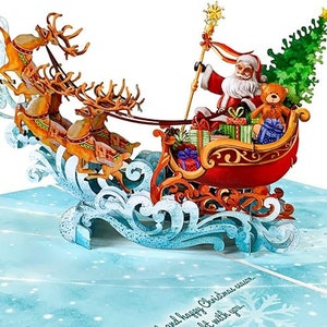 Santa&#39;s Running on the Way, Pop Up 3D Christmas Card, Holiday Xmas Gift, Greeting Card, Santa Sleigh Pop Up with Envelope and Message Tag