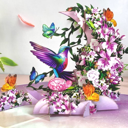 Pop Up Cards, Mini Hummingbird Oasis, 6 Inch Mini Sized Forever Flower Bouquet 3D Popup Greeting Card, Birthday Cards, Thank You Card, Blank Notecard & Envelope - View #11