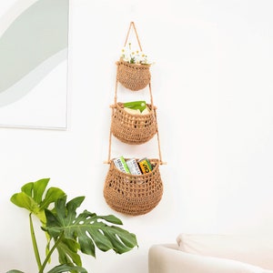 Hanging Fruit Basket, 3 Tier Woven Jute Wall Hanging Baskets for Organizing, Hanging Produce Basket for Fruit & Vegetable Storage image 10