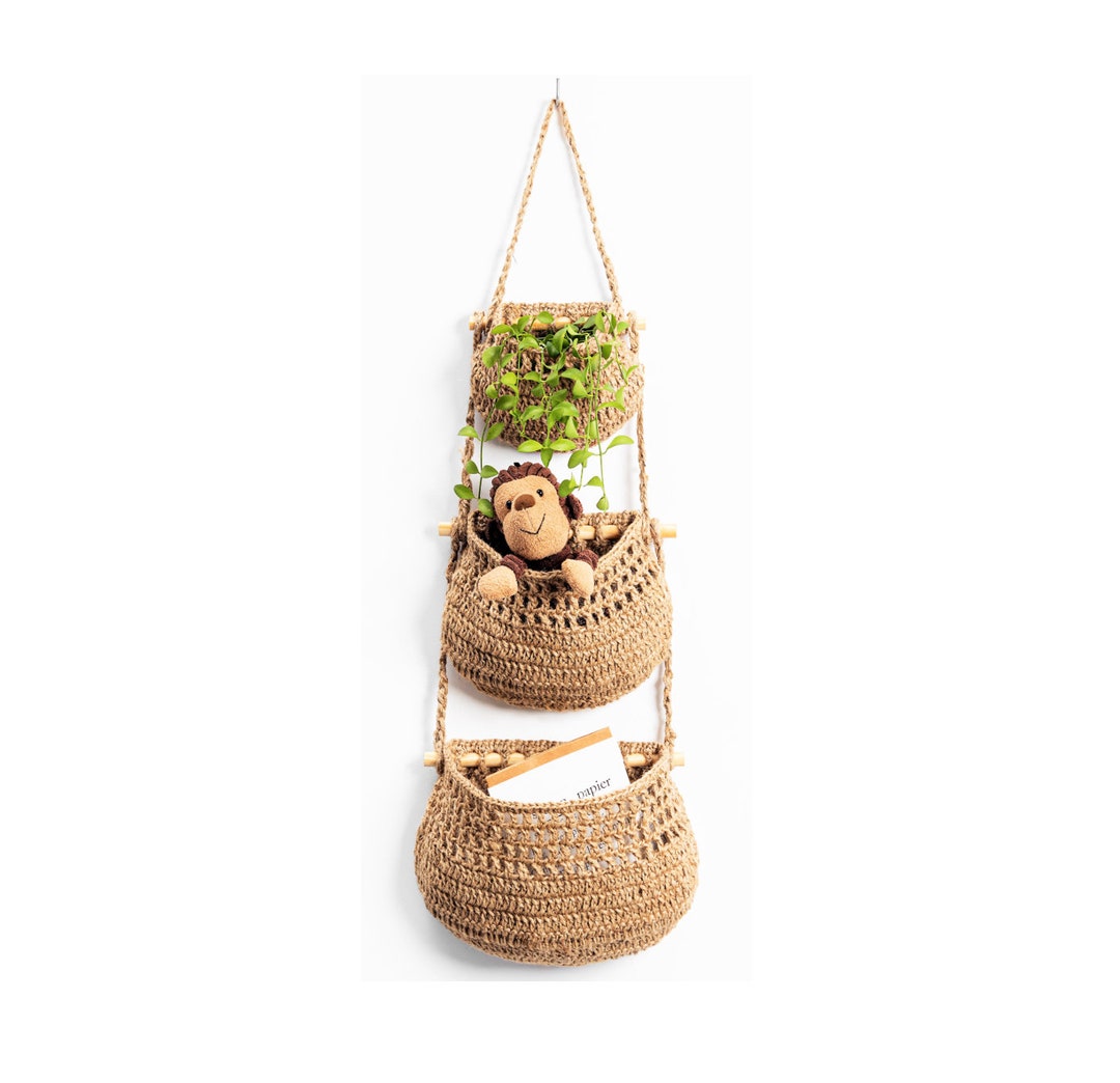 Hanging Fruit Basket, 3 Tier Woven Jute Wall Hanging Baskets for